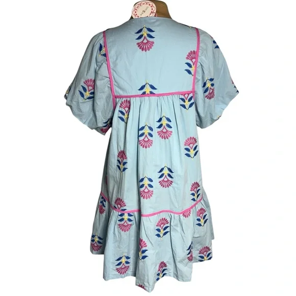 Umgee Retro Mod Blue Floral Embroidered Babydoll Dress Size Small - Picture 5 of 8